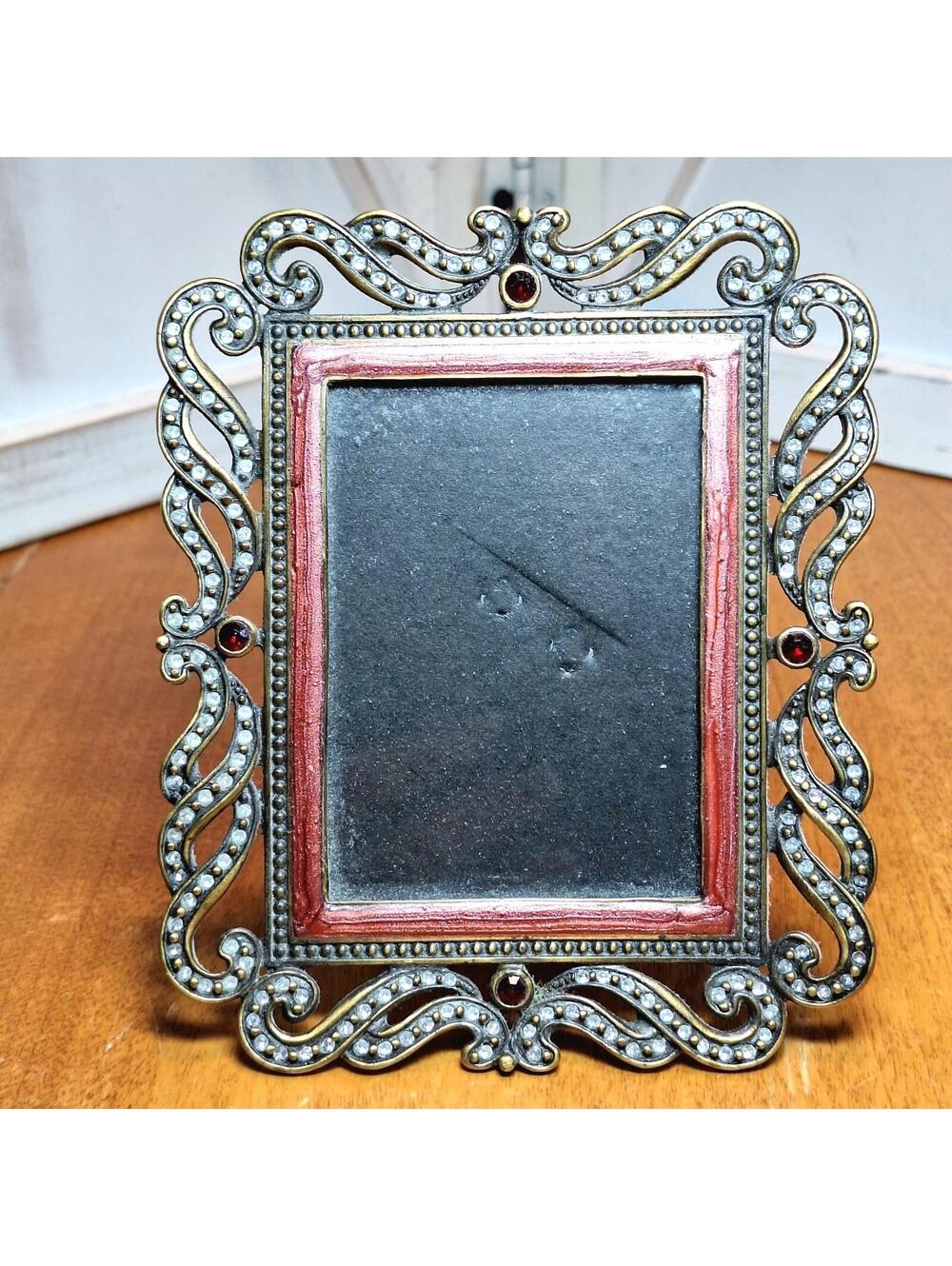 VTG Goldtone Metal Frame w/Rhinestones & Enamel Rectangular Holds 2.5 X 3.5" Pic